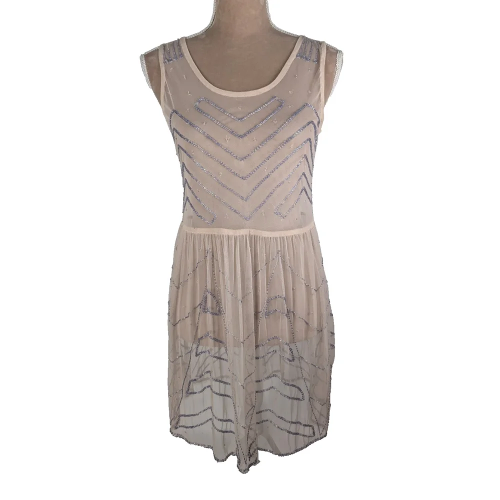 Two Free People Embellished Mesh Mini Dress XS Beaded Pink Blue Y2K Boho Glam